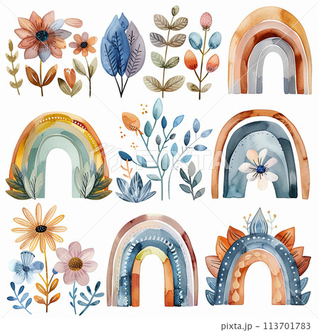 Lovely watercolor illustrations of a boho rainbow with beautiful flowers in soft pastel tones, perfect for adding a touch of whimsy to stationery, prints, and social media graphics. 113701783