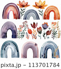 Charming watercolor clipart set of a boho rainbow with delicate flowers, ideal for creating dreamy invitations, posters, and digital scrapbooks 113701784