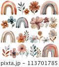 Adorable watercolor clipart set featuring a boho cute rainbow with beautiful flowers in a neutral palette. Perfect for whimsical designs, cards, and nursery decor. 113701785