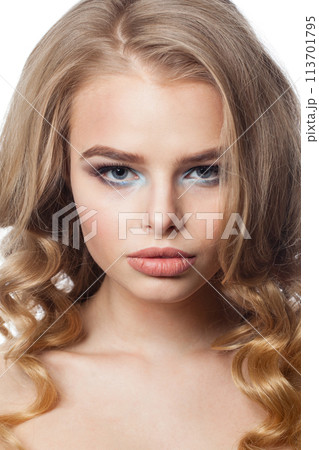 Perfect blonde lady on white background. Beautiful blond woman studio portrait Perfect blonde lady on white background. Beautiful blond woman studio portrait 113701795