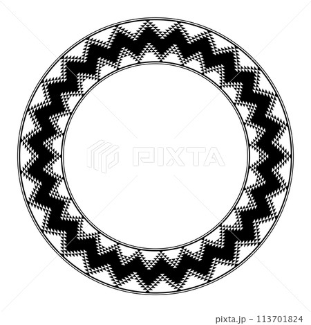 Anasazi pattern, circle frame. Decorative border the typical design of the Ancestral Puebloans, a Native American culture, based on the artful repetition of a triangle in positive and negative play. Anasazi pattern, circle frame. Decorative border the typical design of the Ancestral Puebloans, a Native American culture, based on the artful repetition of a triangle in positive and negative play. 113701824