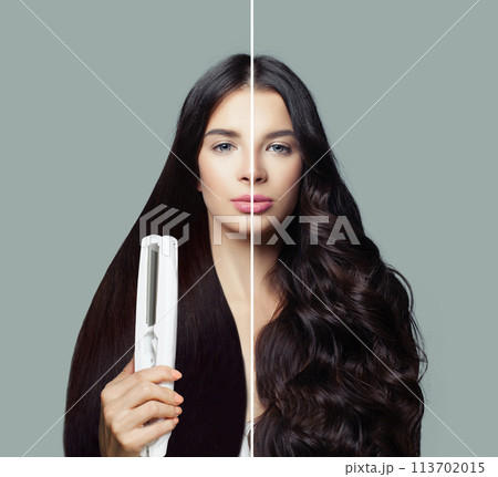 Brunette woman with straight and curly hairstyle holding hair straightening iron. Brunette woman with straight and curly hairstyle holding hair straightening iron. 113702015