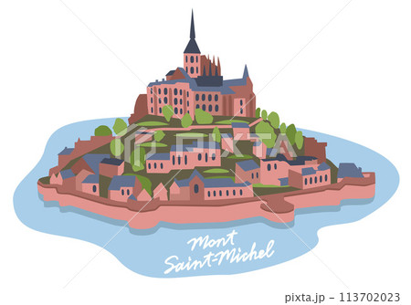 Mont-Saint-Michel, rocky islet and famous sanctuary in Manche departement, Normandy region, France. Vector isolated illustration with lettering 113702023