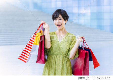 ショッピングセンターで買い物をする女性 ショッピングセンターで買い物をする女性 113702427