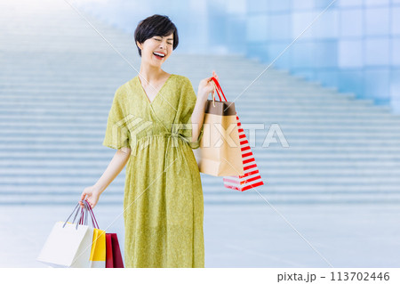 ショッピングセンターで買い物をする女性 ショッピングセンターで買い物をする女性 113702446