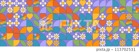 Seamless pattern with simple geometric minimalistic abstract shapes and figures in lgbt flag colors. Mosaic texture in complementary bright colors blocks. Contemporary trendy bauhaus vector design. 113702531