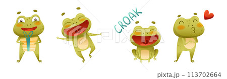 Funny Green Frog Character Engaged in Different Activity Vector Set 113702664