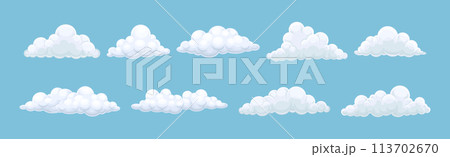 Fluffy Soft Cloud Isolated on Blue Background Vector Set 113702670