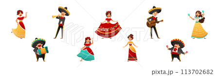 Mexican People Character Wearing Traditional Clothes Playing Musical Instrument and Dancing Vector Set 113702682