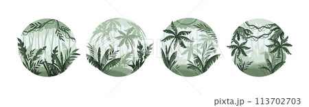 Jungle Landscape with Palm Trees in Mist in Round Shape Vector Set Jungle Landscape with Palm Trees in Mist in Round Shape Vector Set 113702703