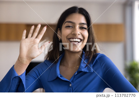 Cheerful young Indian blogger girl waving hand hello at camera Cheerful young Indian blogger girl waving hand hello at camera 113702770