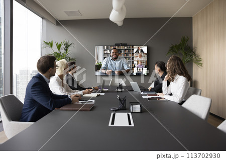 Businesspeople take part in virtual meeting with international partners 113702930