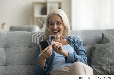 Overjoyed mature woman sit on sofa gawp at cellphone screen 113703070