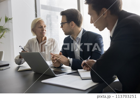 Group of businesspeople lead conversation sit at desk with laptop 113703251