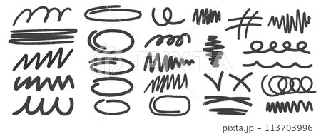 Grunge style underlines and circles, charcoal scribbles, brush strokes . Bold ink stripes and charcoal figures drawn by hand. Vector doodles created with crayon or marker 113703996