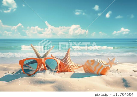 Illustration of relaxing beach scene with sunglasses and starfish on the sand 113704504