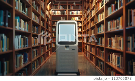 Library Information Kiosk Mockup Among Bookshelves, AI Created 113705078