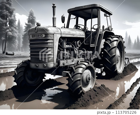 Monochrome Melancholy: Tractor Treading Through Muddy Fields. Generative AI 113705226