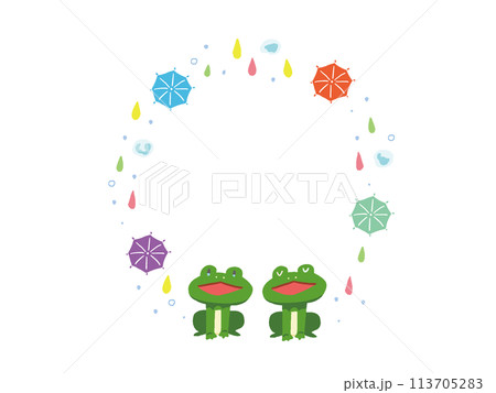 ポップな蛙と雨の丸いフレームイラスト 113705283