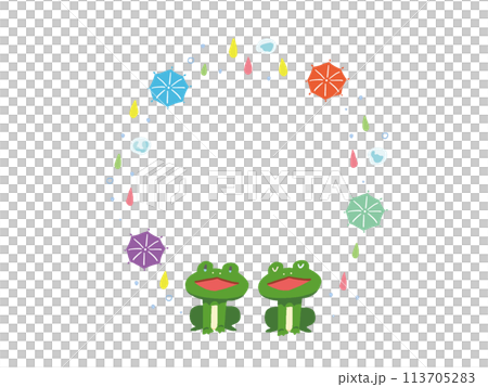 ポップな蛙と雨の丸いフレームイラスト 113705283