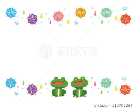 ポップな蛙と雨のフレームイラスト 113705284