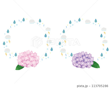 ポップなあじさいの丸いフレームイラストセット 113705286