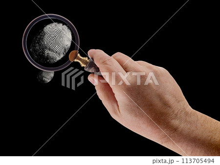 Male Hand Holding Magnifying Glass Viewing A Fingerprint on a Black Background. Male Hand Holding Magnifying Glass Viewing A Fingerprint on a Black Background. 113705494