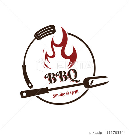 Barbecue BBQ Smoke and Grill Vintage Design Template With Crossed Spatula and Flame. 113705544