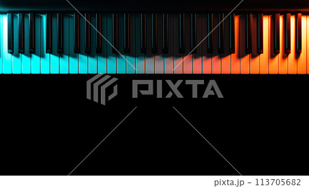 Keyboard instrument (piano, grand, synthesizer) with colored lighting - blue and orange light, low key, minimalistic. Atmospheric music, concert, advertising of music training courses. Copy space. Keyboard instrument (piano, grand, synthesizer) with colored lighting - blue and orange light, low key, minimalistic. Atmospheric music, concert, advertising of music training courses. Copy space. 113705682