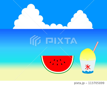 シンプルな海とスイカとかき氷の背景素材 113705899
