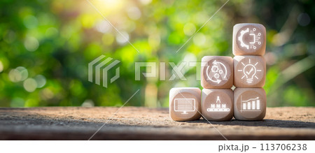 Automation concept, Wooden block on desk with technology, process, innovation, digital, productivity and inprovement icon on virtual screen. 113706238