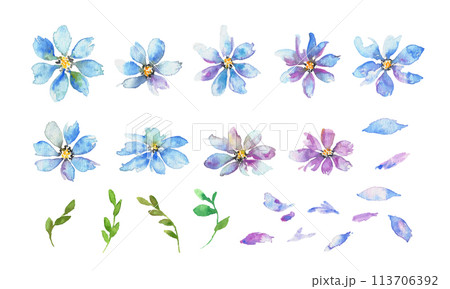 水彩画。水彩タッチの紫と青い花のイラスト。エレガントな花のフレーム。水彩のベクターフレーム。 113706392