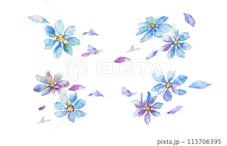 水彩画。水彩タッチの紫と青い花のイラスト。エレガントな花のフレーム。水彩のベクターフレーム。 113706395