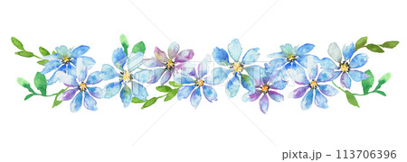 水彩画。水彩タッチの紫と青い花のイラスト。エレガントな花のフレーム。水彩のベクターフレーム。 113706396