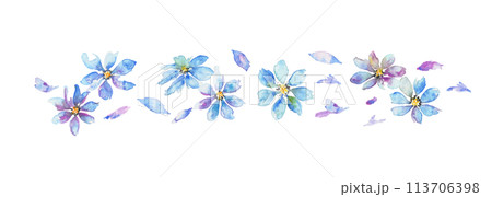 水彩画。水彩タッチの紫と青い花のイラスト。エレガントな花のフレーム。水彩のベクターフレーム。 113706398
