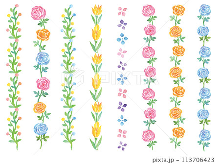 水彩手描きの花の飾り線のセット-縦型 水彩手描きの花の飾り線のセット-縦型 113706423