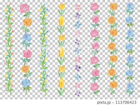 水彩手描きの花の飾り線のセット-縦型 水彩手描きの花の飾り線のセット-縦型 113706423