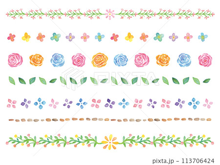 水彩手描きの花の飾り線のセット-横型 水彩手描きの花の飾り線のセット-横型 113706424