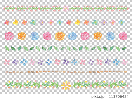 水彩手描きの花の飾り線のセット-横型 水彩手描きの花の飾り線のセット-横型 113706424