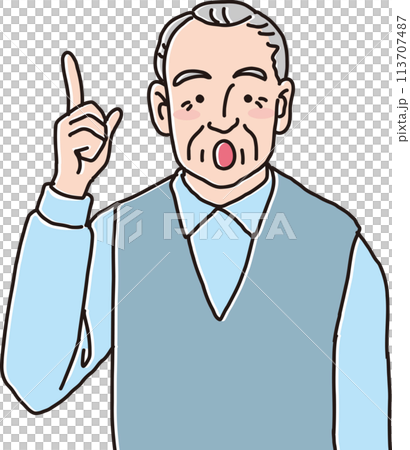 おじいさんのイラスト_右人差し指を立てて思いついた表情_上半身 113707487