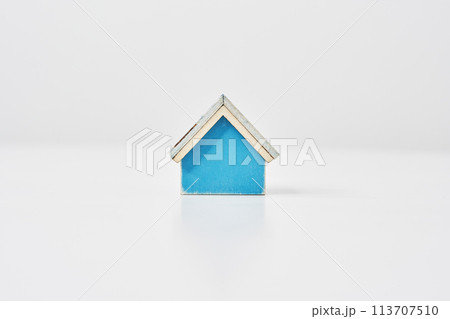 白いテーブルの上に置かれた青い住宅模型 113707510