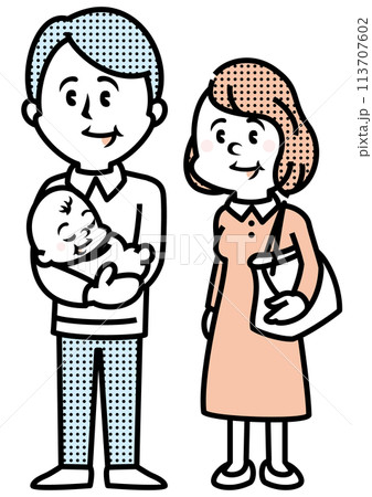 赤ちゃんを抱いた若い夫婦のイラスト 113707602