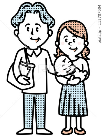 赤ちゃんを抱いた若い夫婦のイラスト 113707604