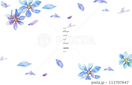 水彩画。水彩タッチの紫と青い花のイラスト。エレガントな花のフレーム。水彩のベクターフレーム。 113707647