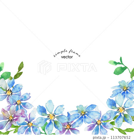 水彩画。水彩タッチの紫と青い花のイラスト。エレガントな花のフレーム。水彩のベクターフレーム。 113707652