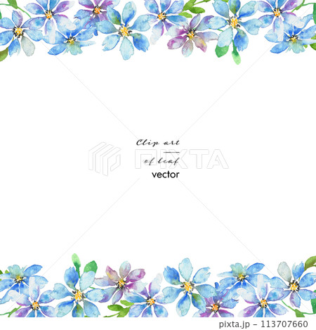 水彩画。水彩タッチの紫と青い花のイラスト。エレガントな花のフレーム。水彩のベクターフレーム。 113707660