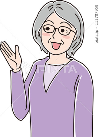 おばあさんのイラスト_紹介する_手のひらを上に向けて笑顔_上半身 おばあさんのイラスト_紹介する_手のひらを上に向けて笑顔_上半身 113707959