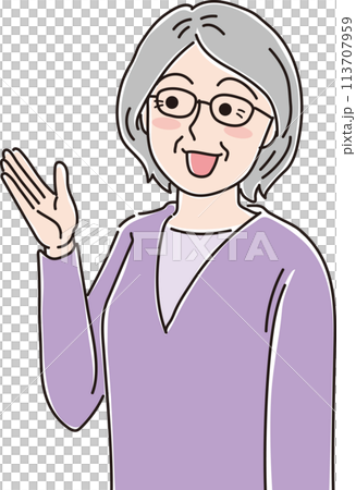 おばあさんのイラスト_紹介する_手のひらを上に向けて笑顔_上半身 おばあさんのイラスト_紹介する_手のひらを上に向けて笑顔_上半身 113707959