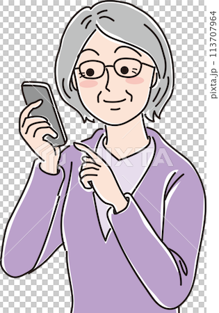 祖母的插畫_看著智慧型手機_上半身 113707964