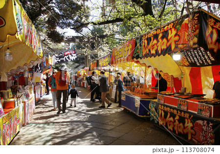 縁日の露店が参道の両脇に連なって、参拝の後は楽しく食べ歩きの桜のシーズン 縁日の露店が参道の両脇に連なって、参拝の後は楽しく食べ歩きの桜のシーズン 113708074
